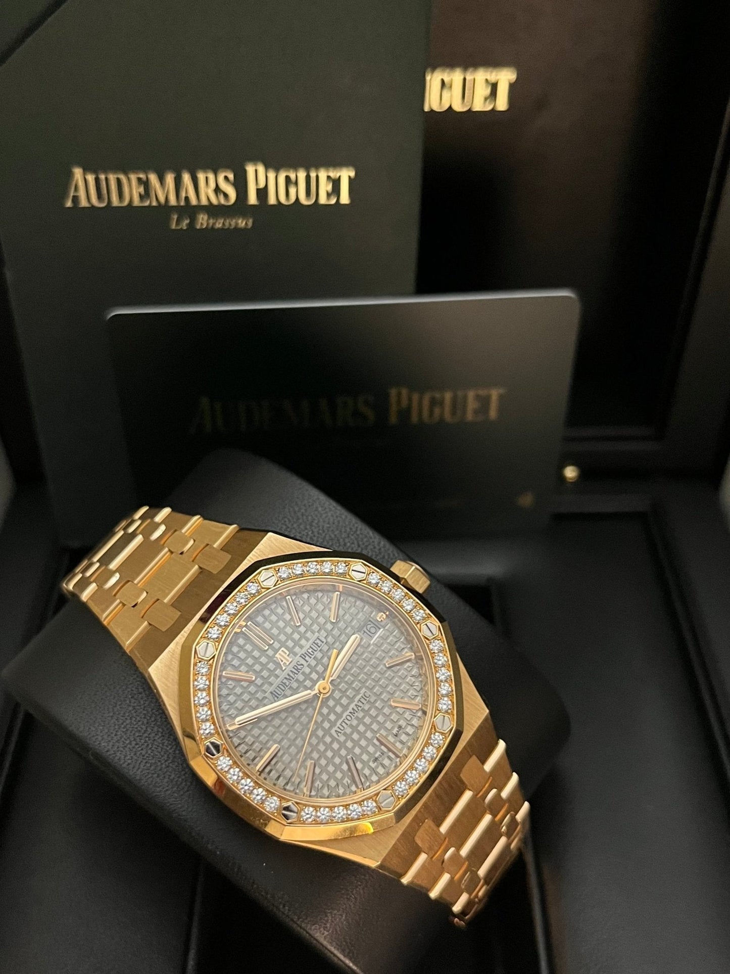 Audemars Piguet Royal Oak Lady 37mm Rose Gold Diamond Bezel Grey Dial 15451OR.ZZ.1256OR.02