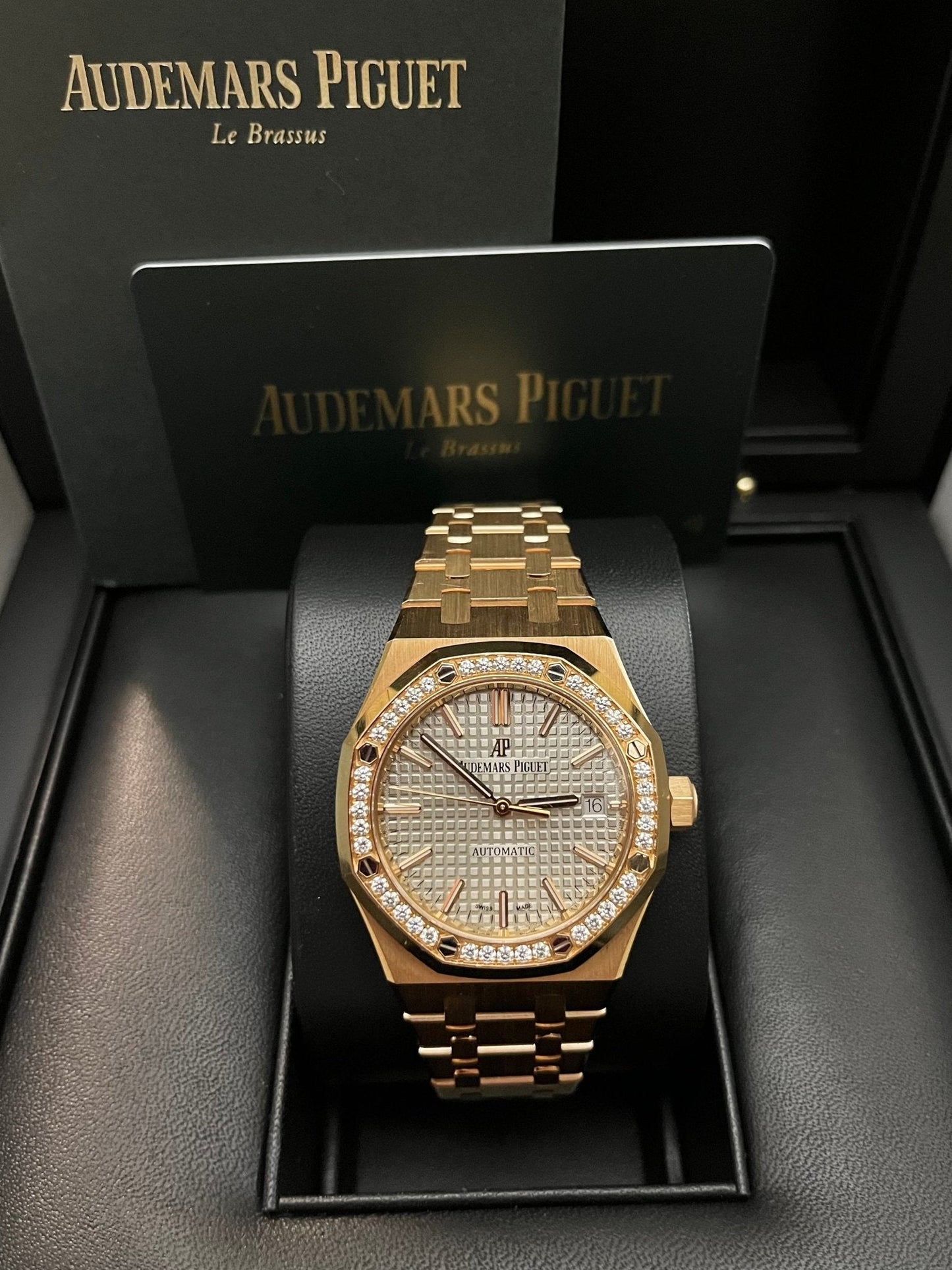 Audemars Piguet Royal Oak Lady 37mm Rose Gold Diamond Bezel Grey Dial 15451OR.ZZ.1256OR.02