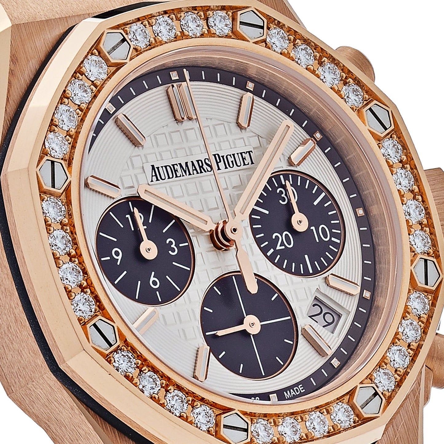 Audemars Piguet Royal Oak Offshore 26231OR.ZZ.D003CA.01 'Ladies' Chronograph Rose Gold Diamond Bezel Silver Dial