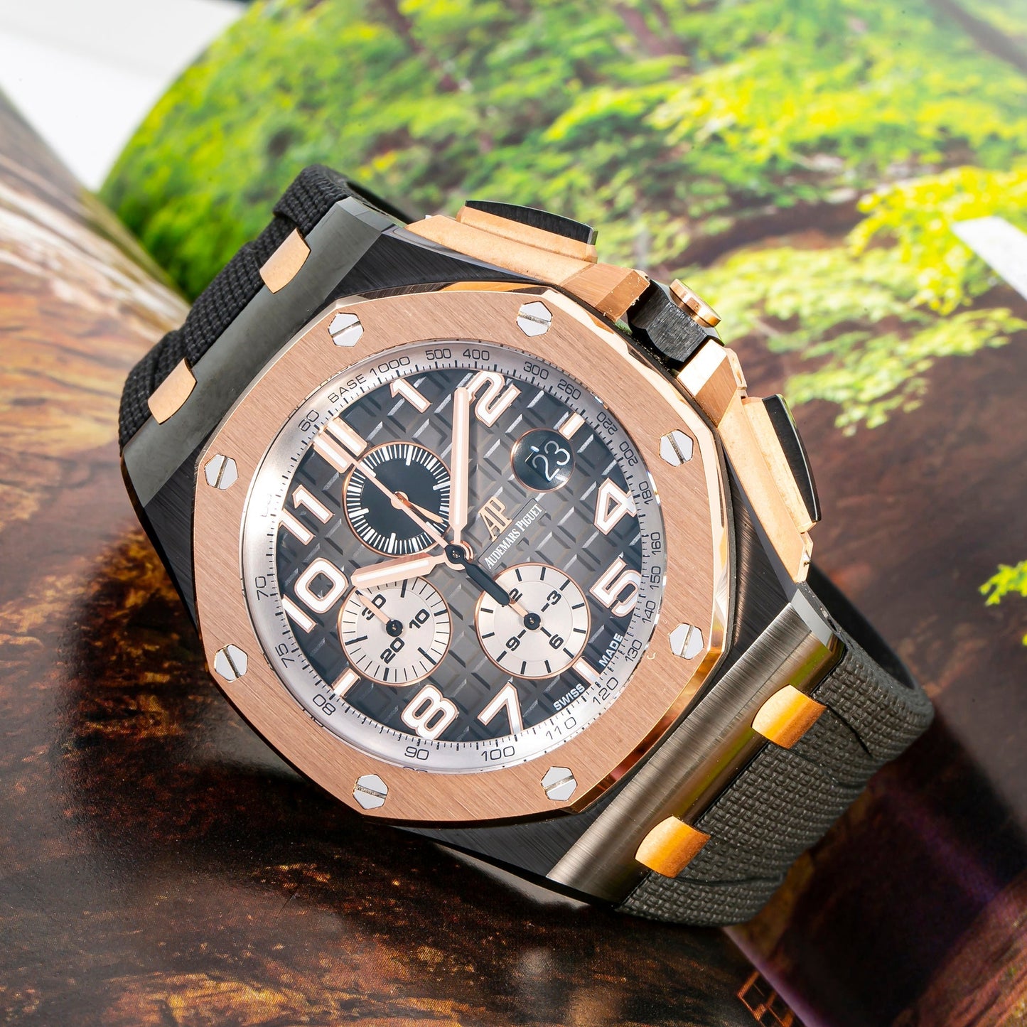 Audemars Piguet Royal Oak Offshore Selfwinding Chronograph/ Stainless Steel/ Black Dial/ White Sub-Dial/ Rose Gold Bezel (Ref#26405NR.OO.A002CA.01)
