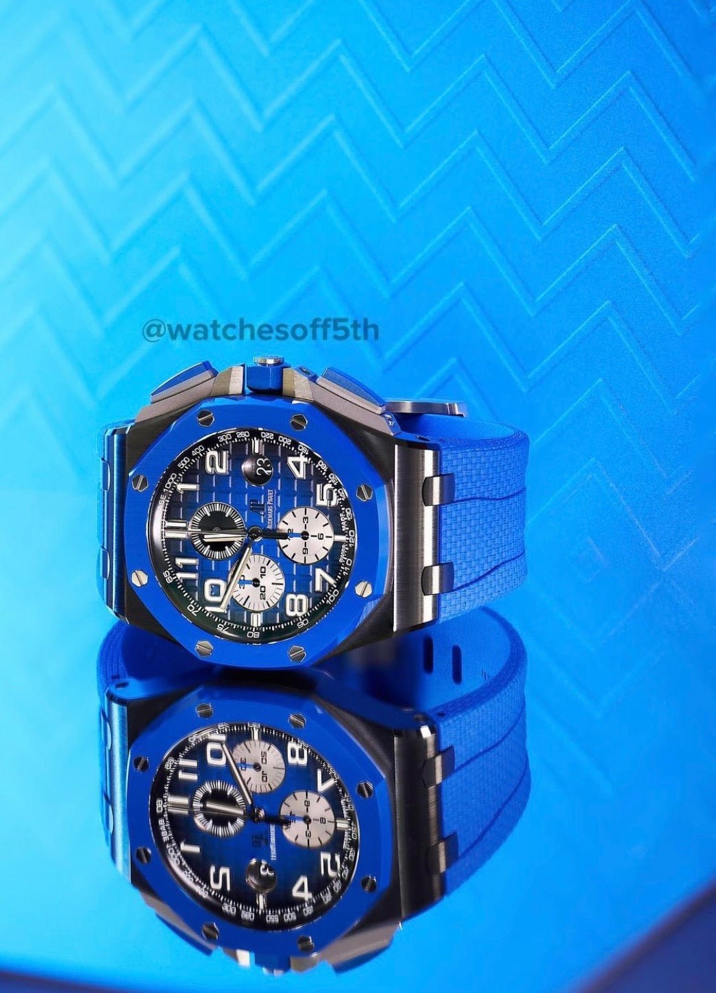 Audemars Piguet Royal Oak Offshore Selfwinding Chronograph/ Stainless Steel/ Blue Strap/ Blue Dial / White Sub-Dials/ Blue Ceramic Bezel (Ref#26405CE.OO.A030CA.01)