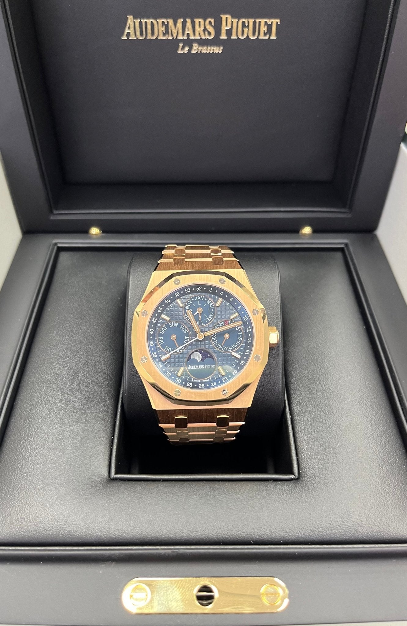 Audemars Piguet Royal Oak Perpetual Calendar/ 18k Rose Gold/ Blue Dial/ Blue Sub-Dials (Ref#26574OR.OO.1220OR.02)