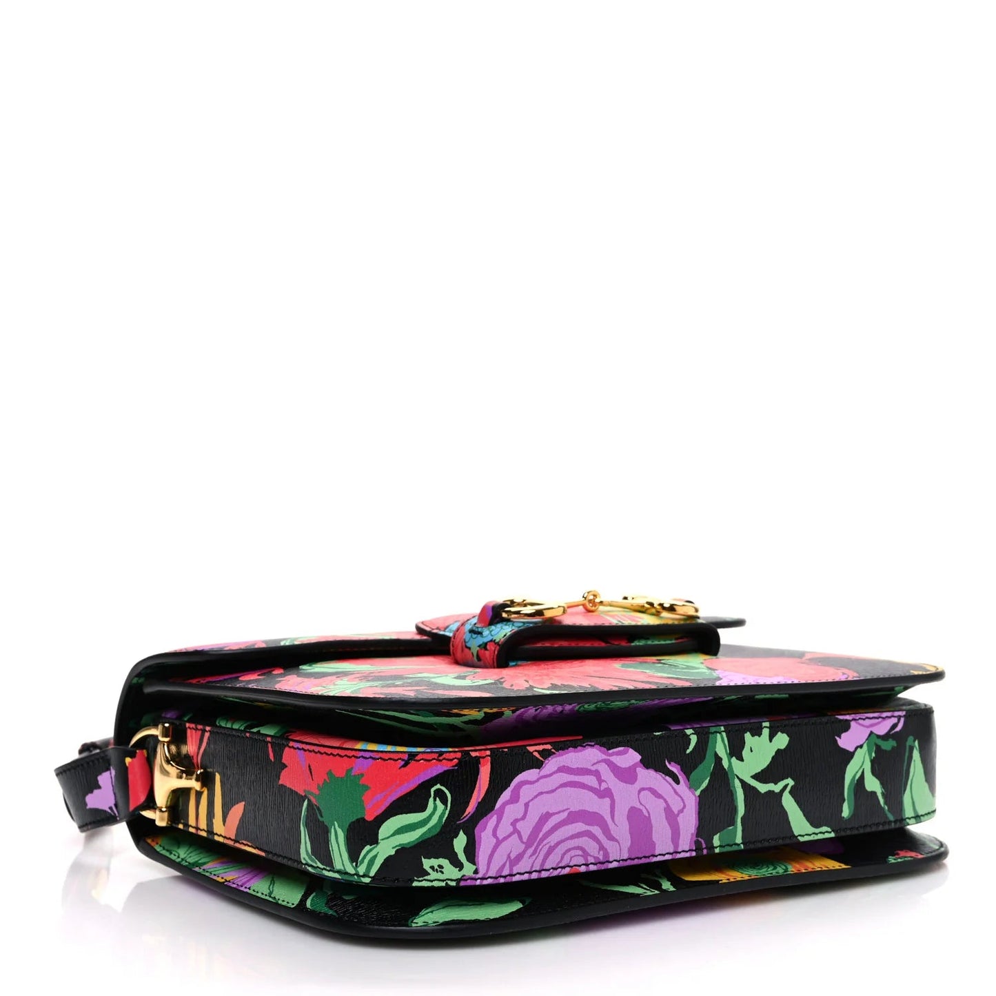 X KEN SCOTT New Shangai Calfskin Jenny Floral Print Horsebit 1955 Shoulder Bag Black Pink