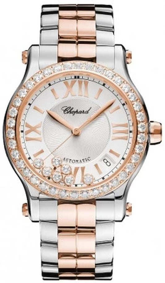 '- Happy Sport Automatic - round Medium 36Mm - Stainless Steel and Rose Gold with Diamonds