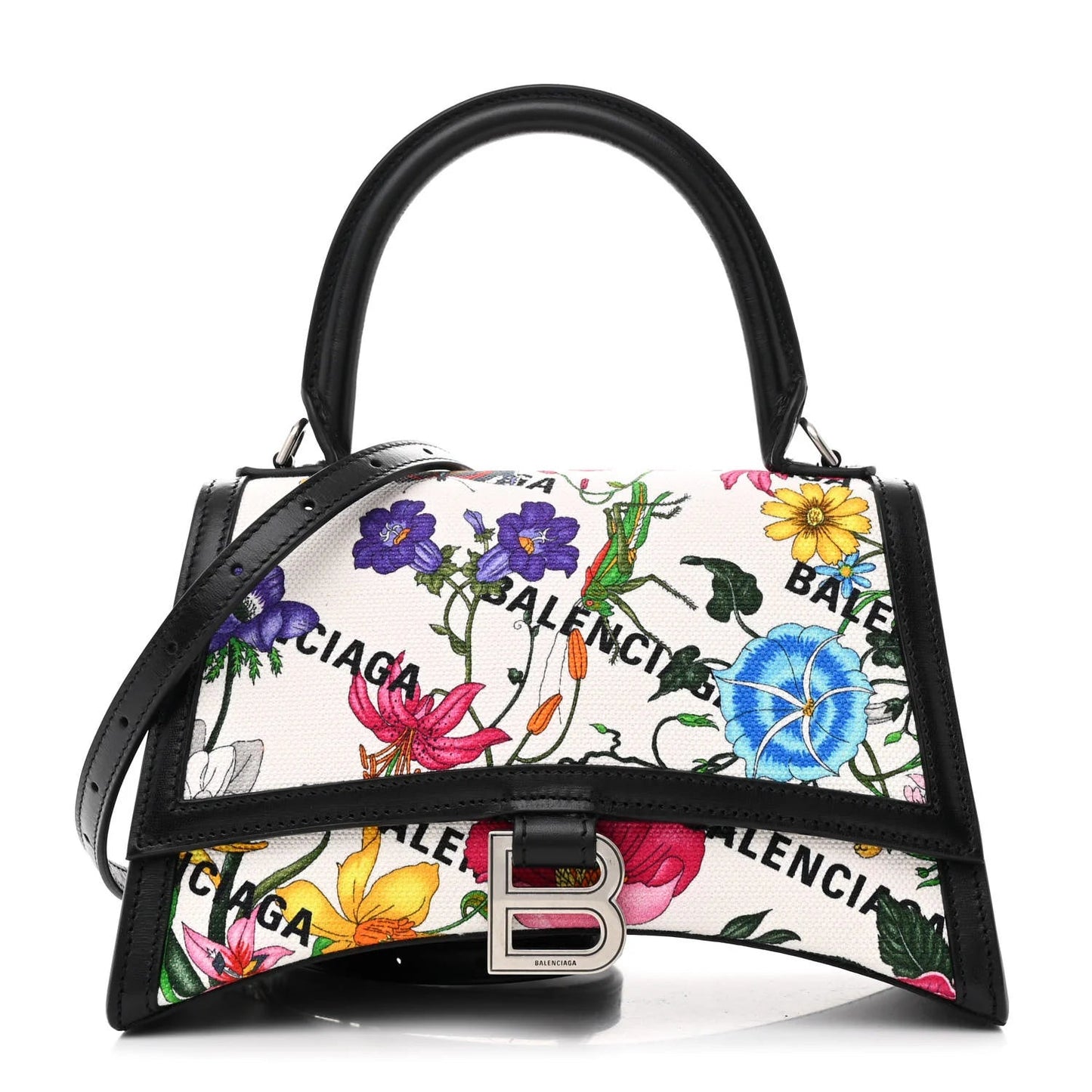 X GUCCI Canvas Boarded Plutone Calfskin Flora Logo Print Small Hourglass Top Handle Bag White Multicolor Black