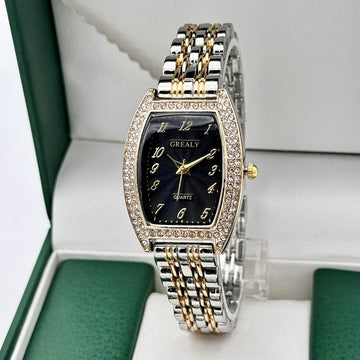 Diamond-encrusted Watch Barrel-shaped Dial Metal Bracelet Quartz Ladies' Watch