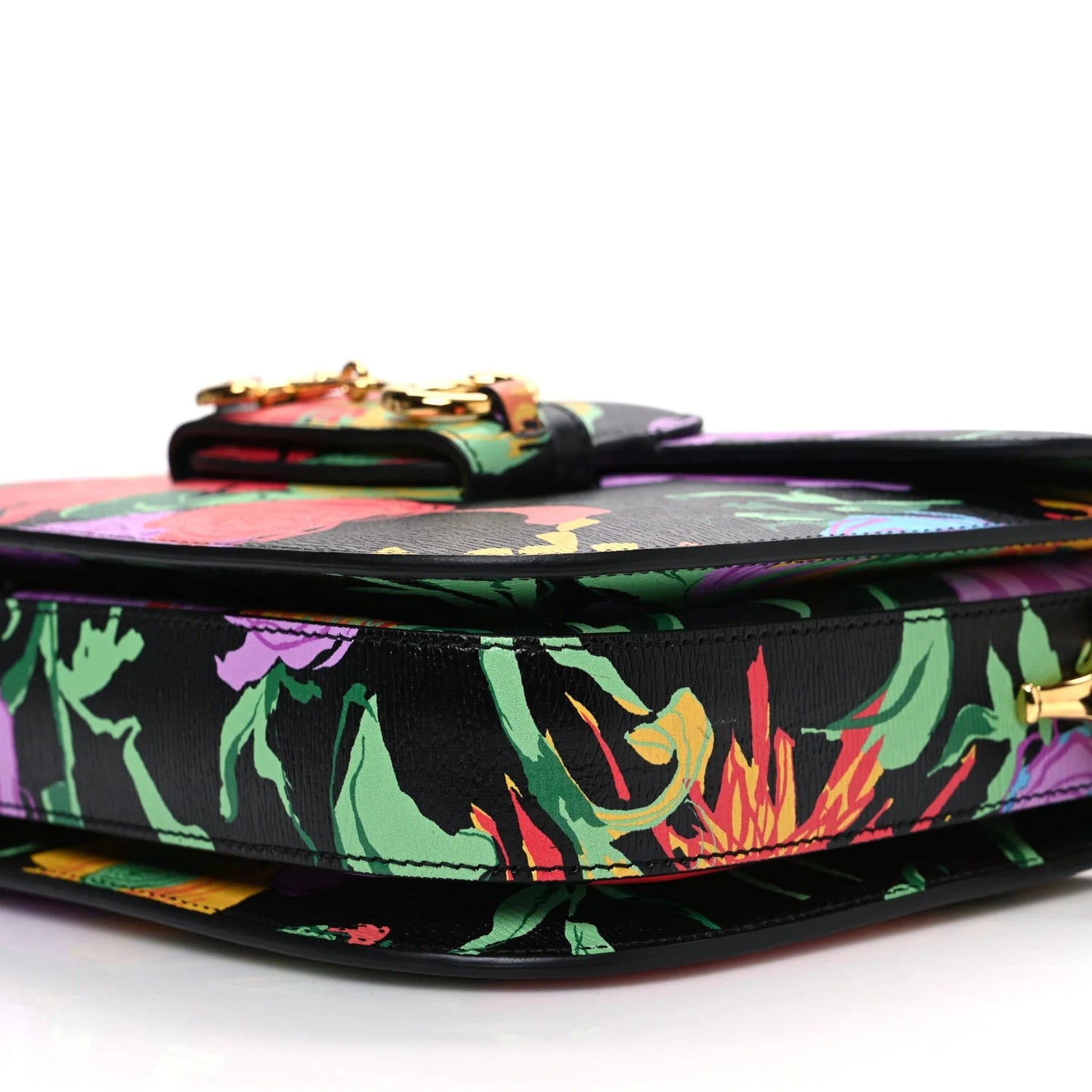 X KEN SCOTT New Shangai Calfskin Jenny Floral Print Horsebit 1955 Shoulder Bag Black Pink