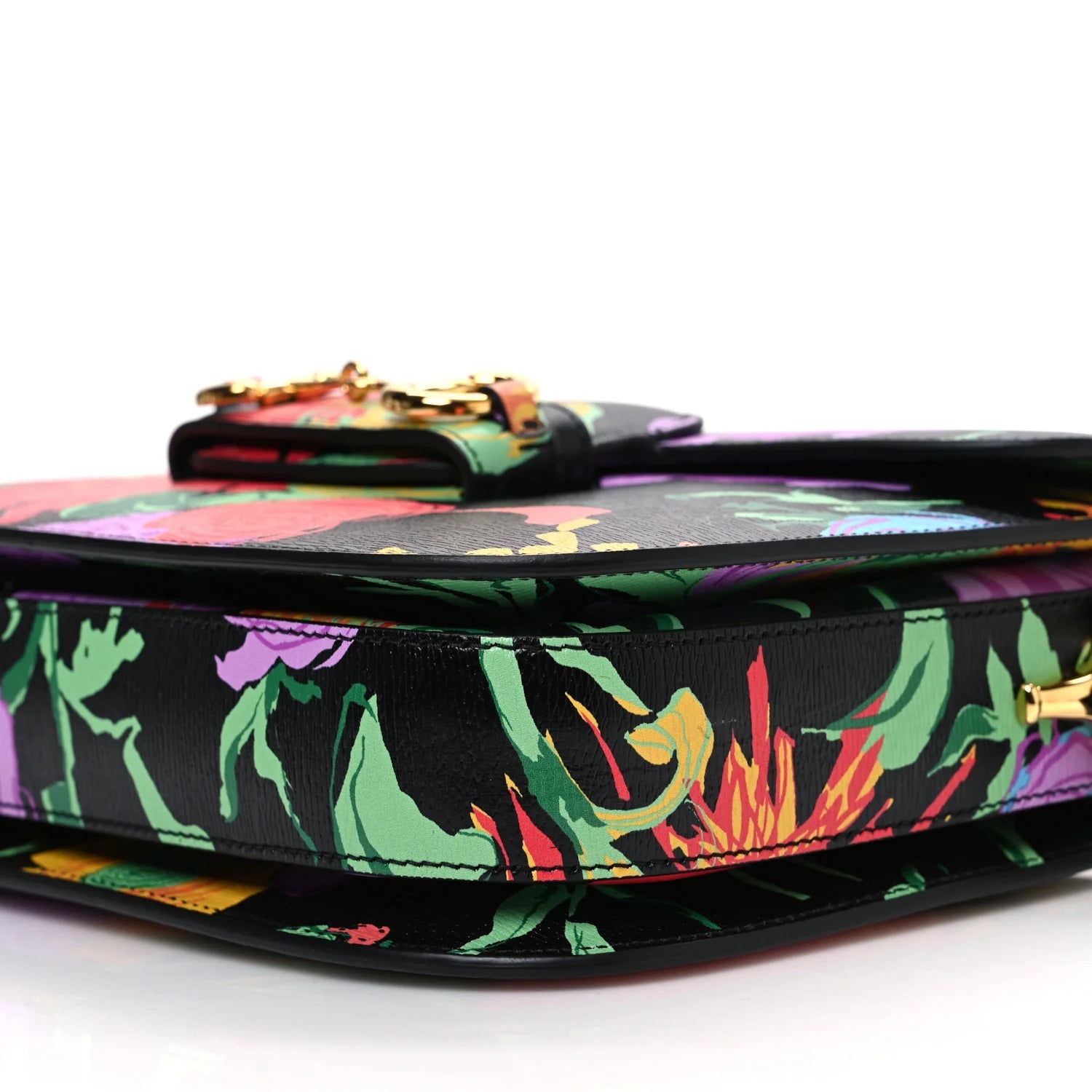 X KEN SCOTT New Shangai Calfskin Jenny Floral Print Horsebit 1955 Shoulder Bag Black Pink