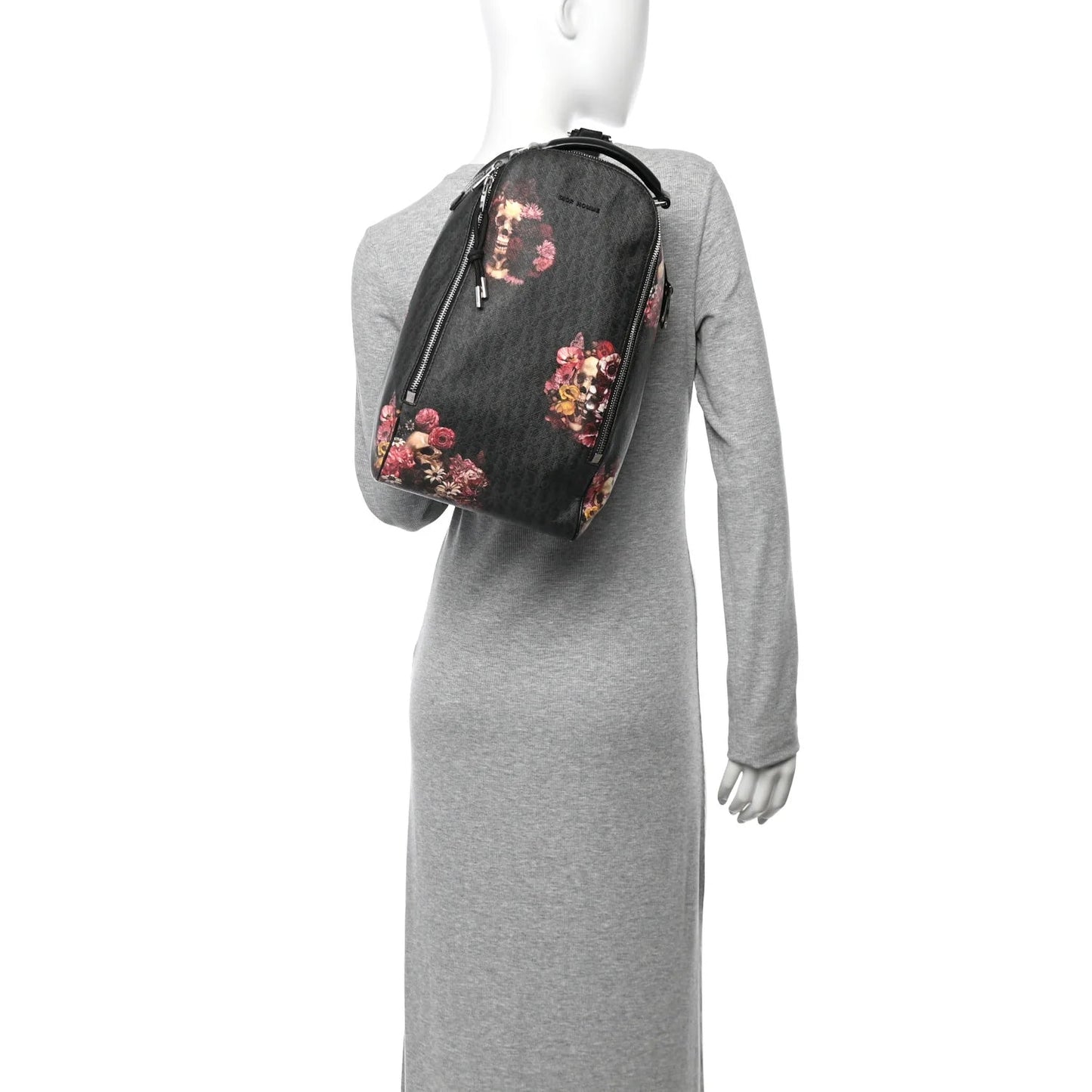 X Toru Kamei Coated Canvas Floral Skull Sling Backpack Grey Multicolor