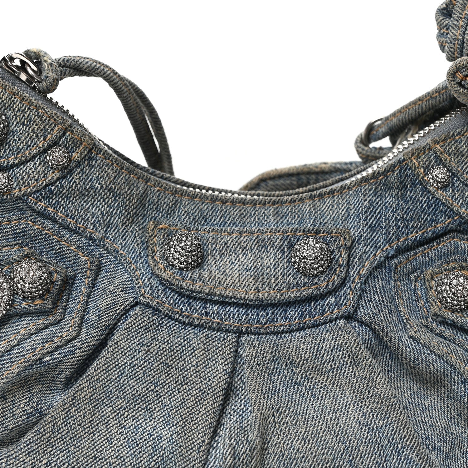 Washed Frayed Denim Crystal Le Cagole Shoulder Bag XS Blue