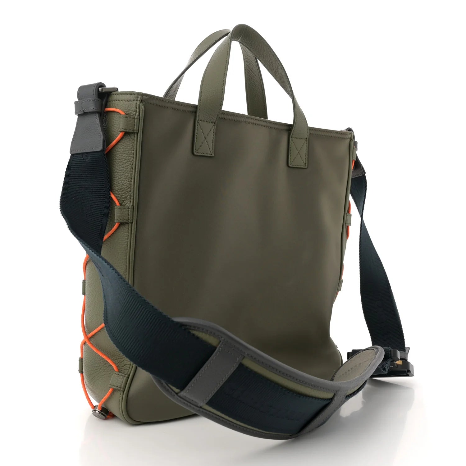 X SACAI Grained Calfskin Technical Fabric Saddle Tote Olive Navy Blue