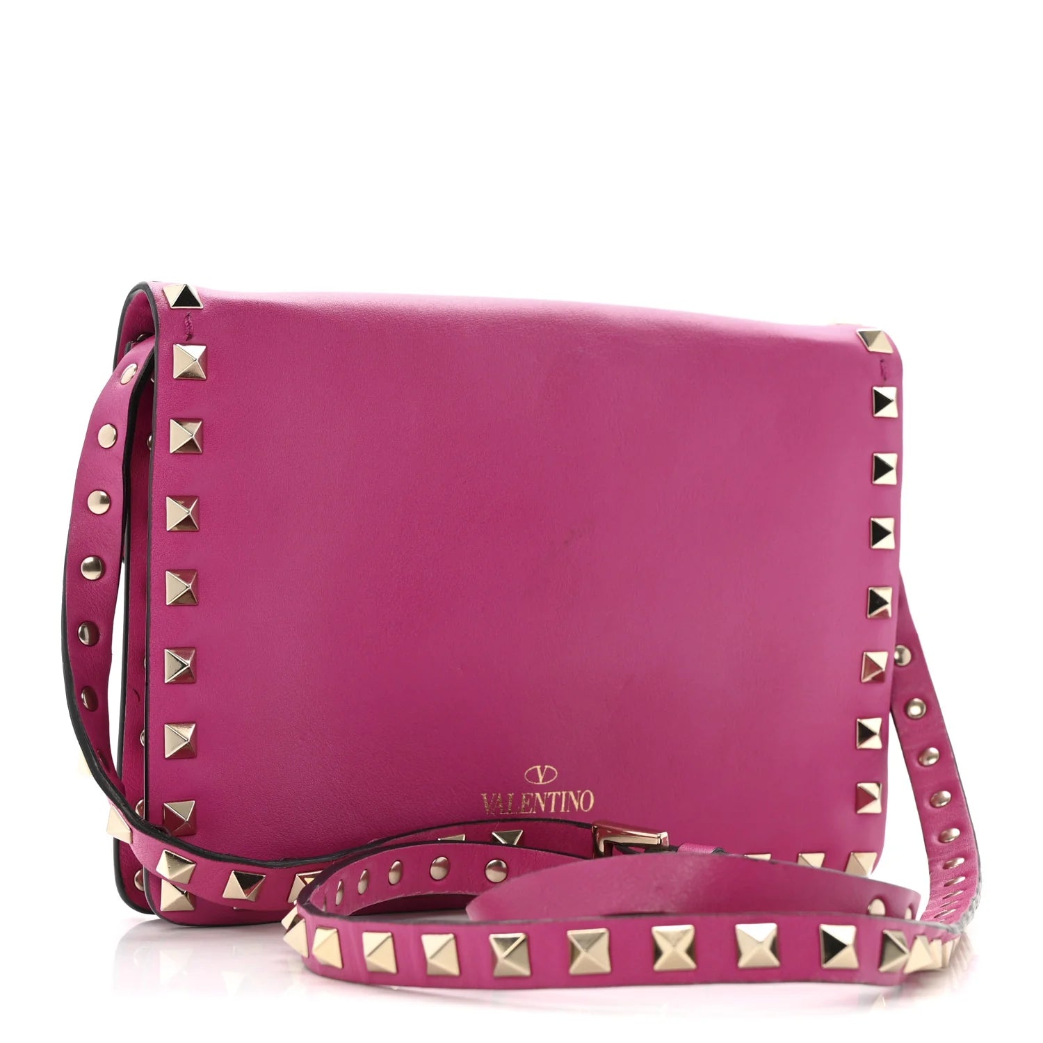 Vitello Small Rockstud Flip Lock Crossbody Bag Fuxia