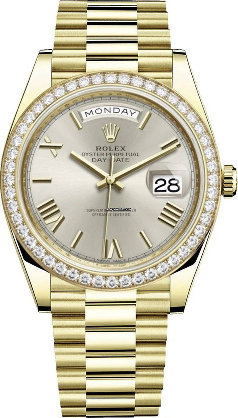 Yellow Gold Day-Date 40 Watch - Bezel - Silver Bevelled Roman Dial - President Bracelet (Ref # 228348RBR)