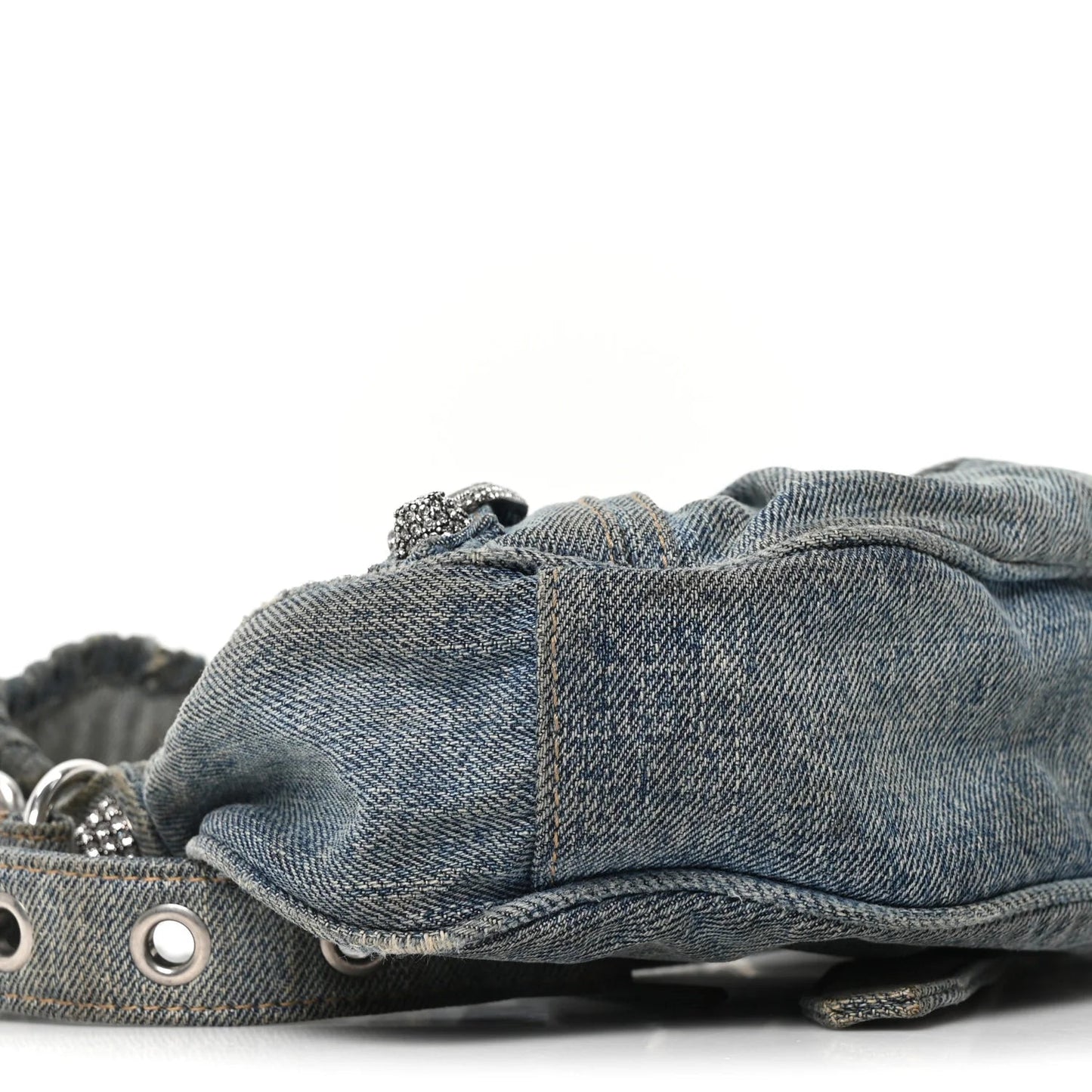 Washed Frayed Denim Crystal Le Cagole Shoulder Bag XS Blue