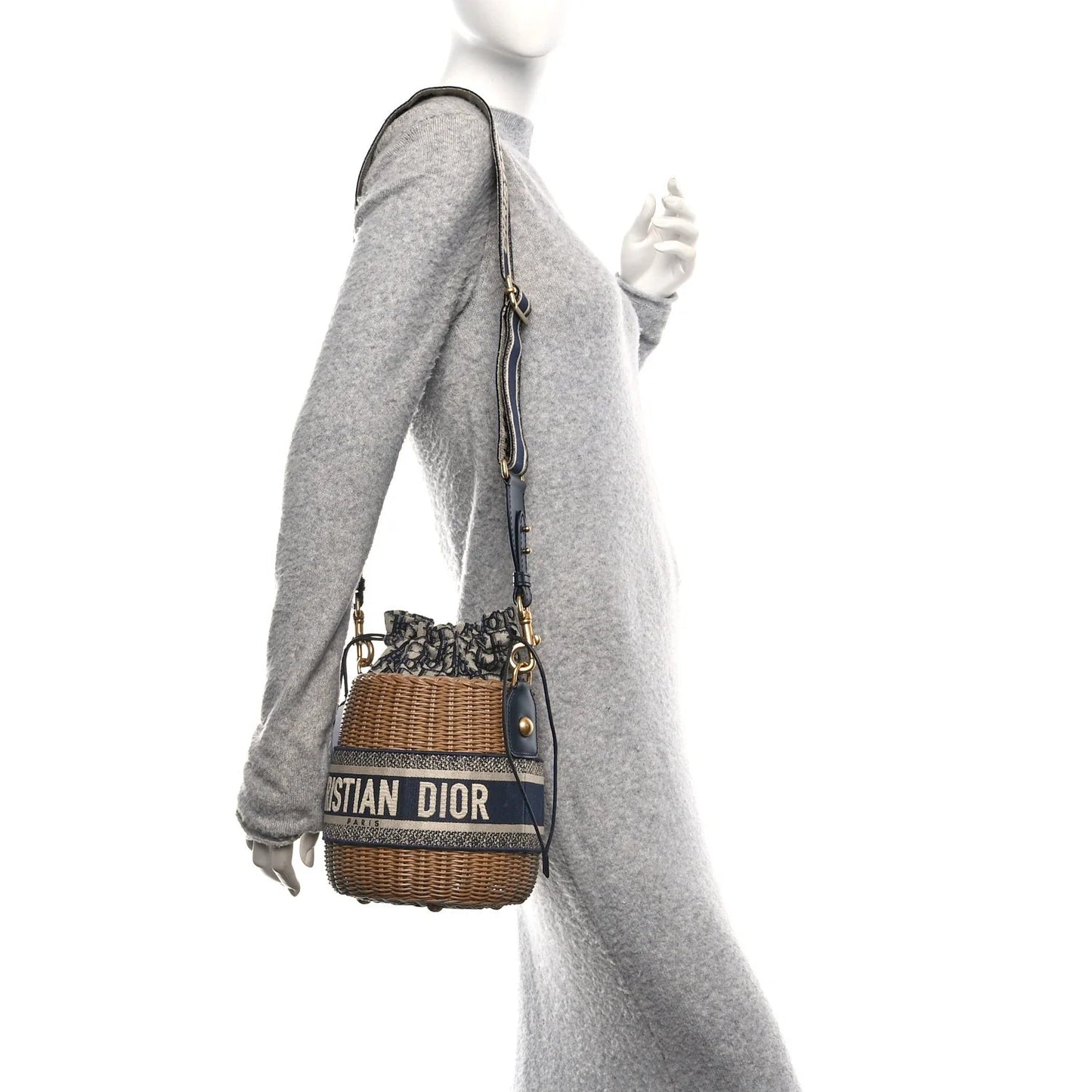 Wicker Oblique Drawstring Bucket Bag Blue