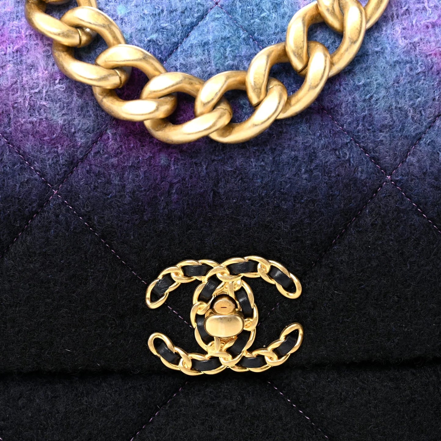 Wool Tweed Quilted Large  19 Flap Purple Black Blue