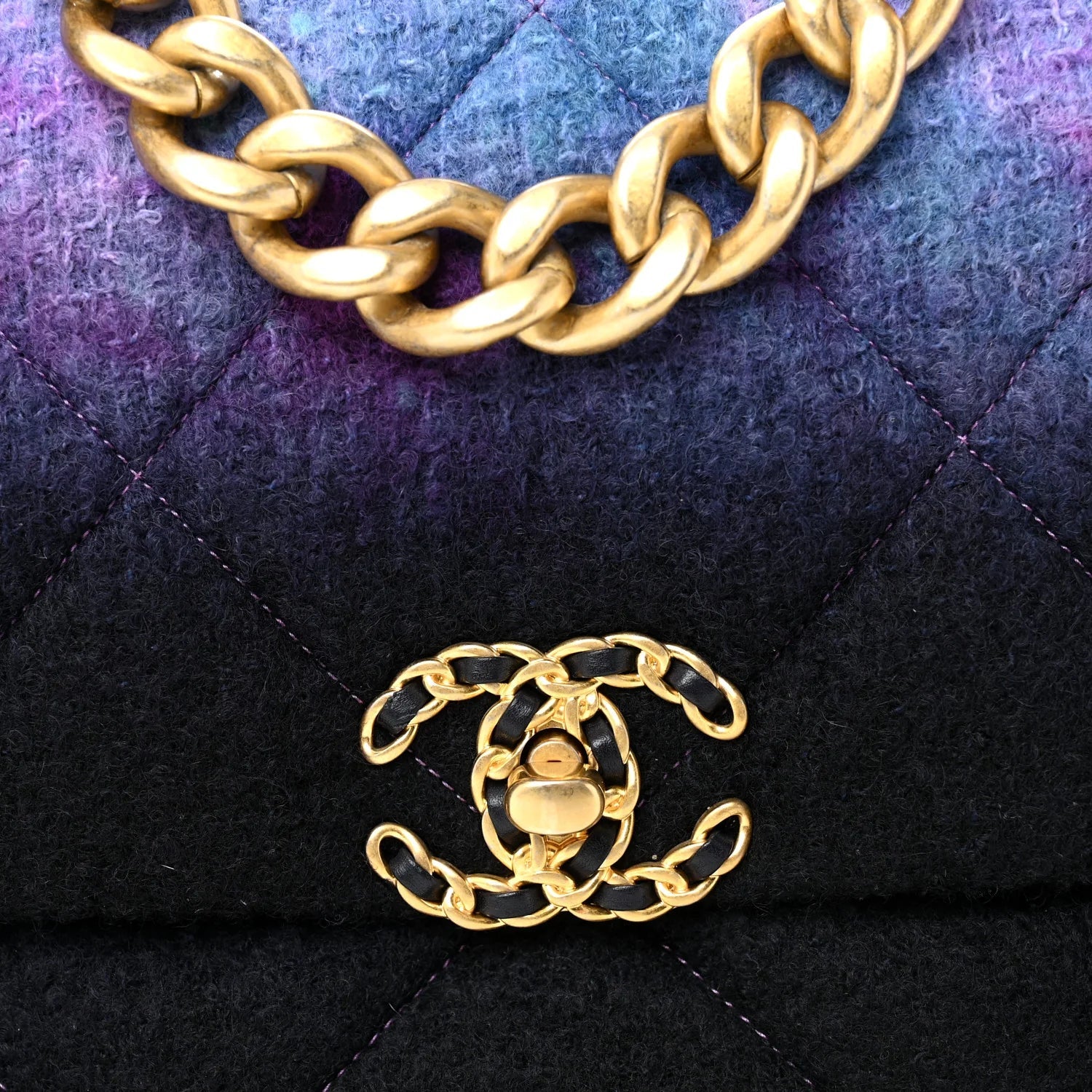 Wool Tweed Quilted Large  19 Flap Purple Black Blue