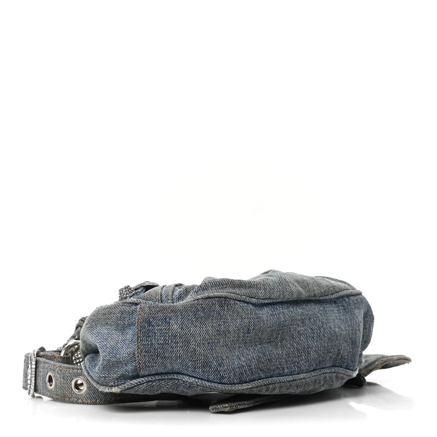 Washed Frayed Denim Crystal Le Cagole Shoulder Bag XS Blue