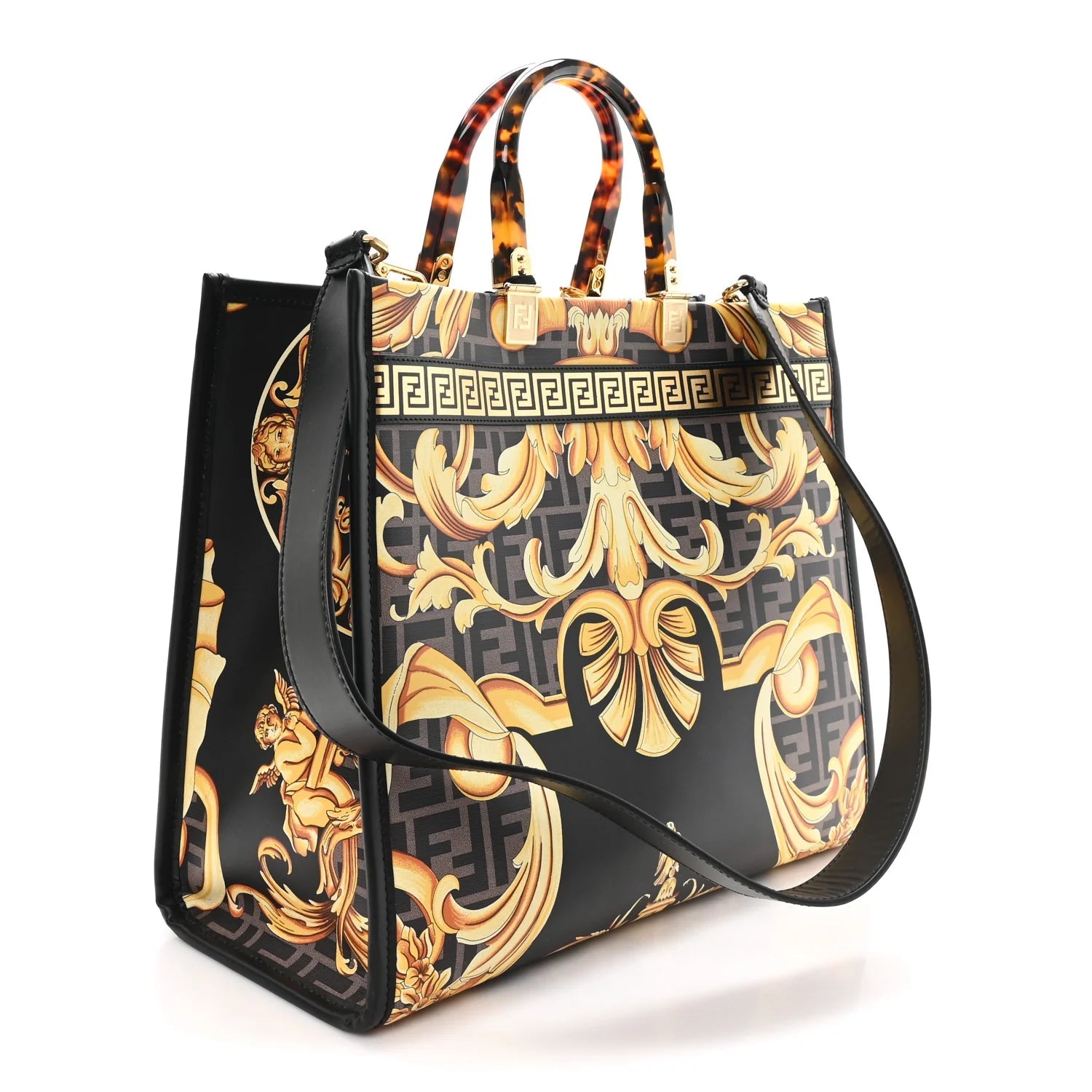 X VERSACE Calfskin Plexiglass Fendace FF Baroque Print Medium  Sunshine Shopper Tote Black Gold