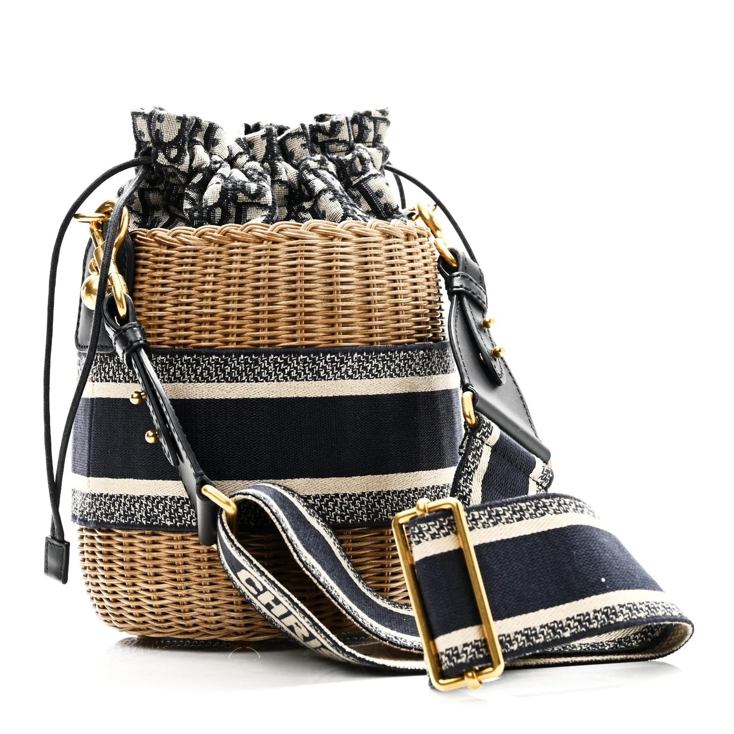 Wicker Oblique Drawstring Bucket Bag Blue