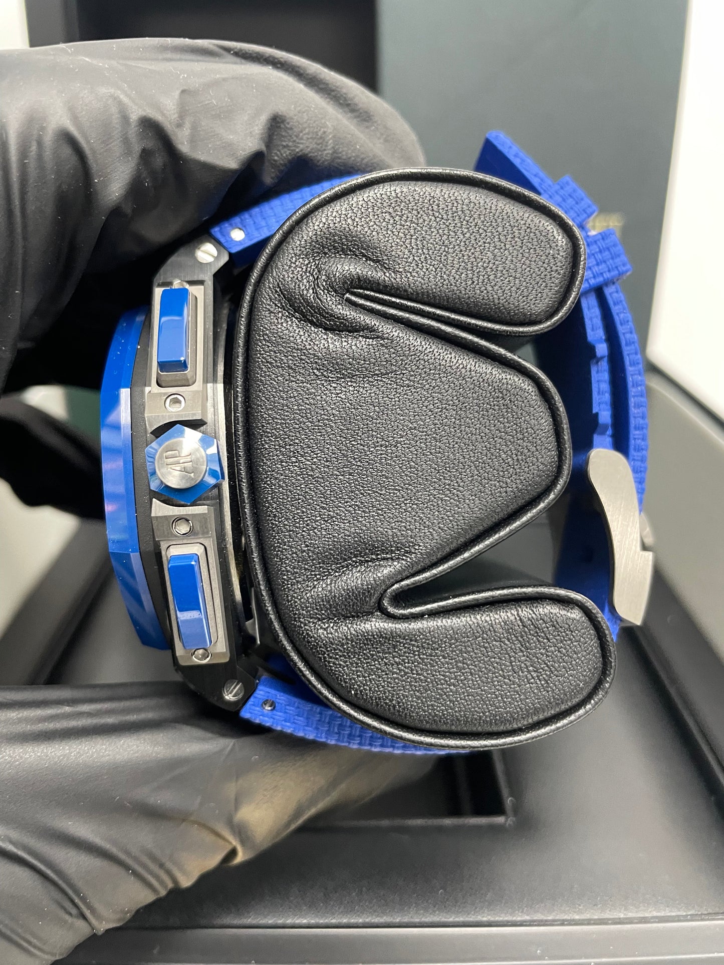 Audemars Piguet Royal Oak Offshore Selfwinding Chronograph/ Stainless Steel/ Blue Strap/ Blue Dial / White Sub-Dials/ Blue Ceramic Bezel (Ref#26405CE.OO.A030CA.01)