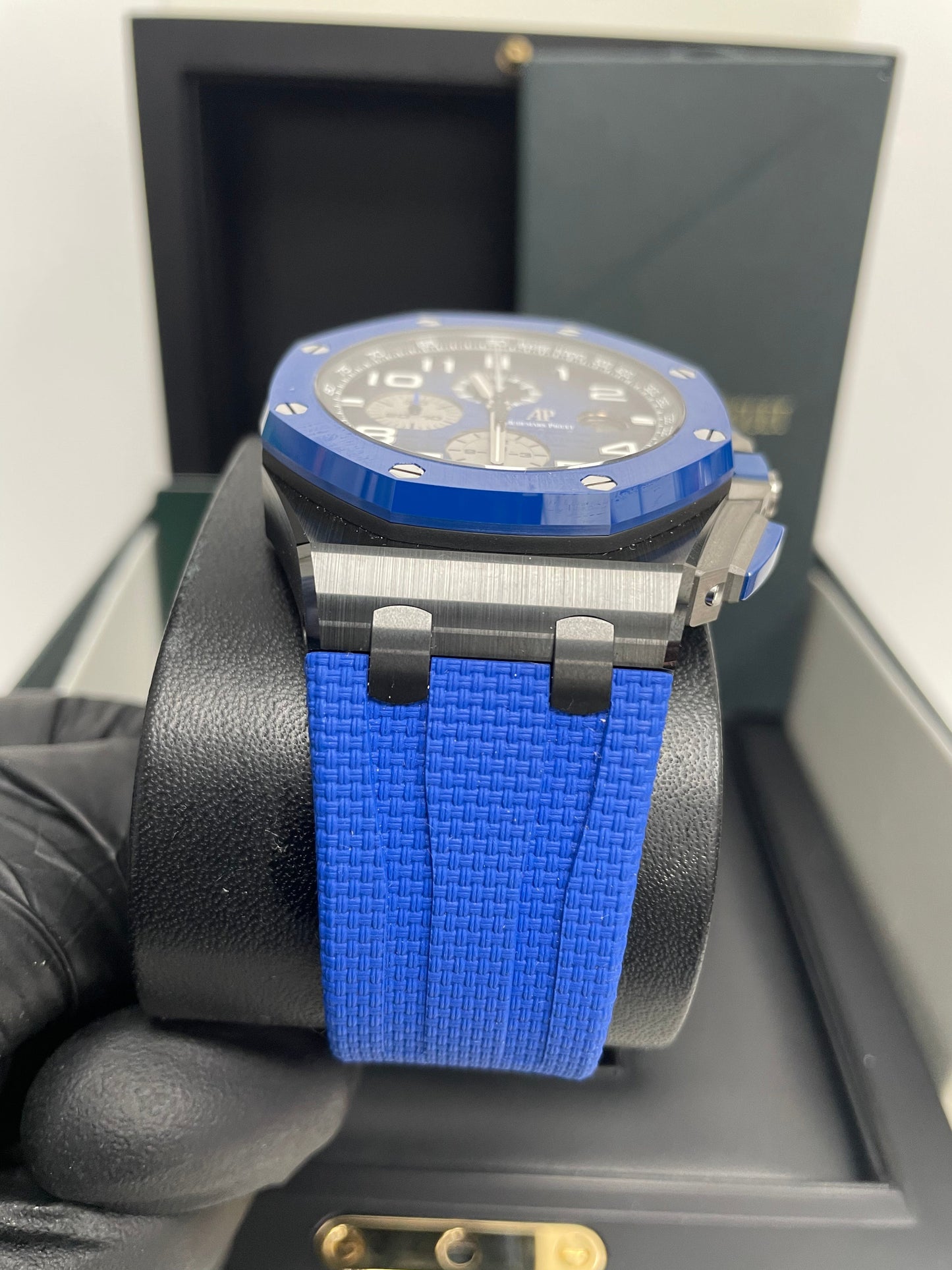 Audemars Piguet Royal Oak Offshore Selfwinding Chronograph/ Stainless Steel/ Blue Strap/ Blue Dial / White Sub-Dials/ Blue Ceramic Bezel (Ref#26405CE.OO.A030CA.01)