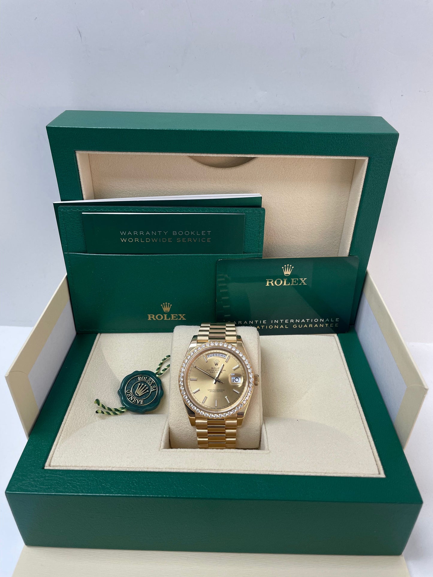 Rolex Yellow Gold Day-Date 40 Watch - Yellow Gold Bezel - Champagne Index Dial - President Bracelet ( Ref# 228348RBR)