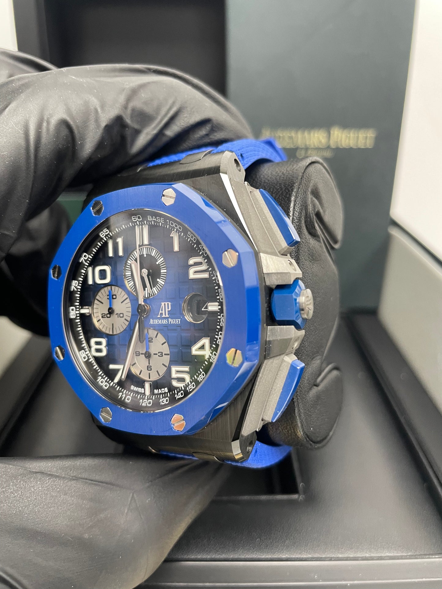 Audemars Piguet Royal Oak Offshore Selfwinding Chronograph/ Stainless Steel/ Blue Strap/ Blue Dial / White Sub-Dials/ Blue Ceramic Bezel (Ref#26405CE.OO.A030CA.01)