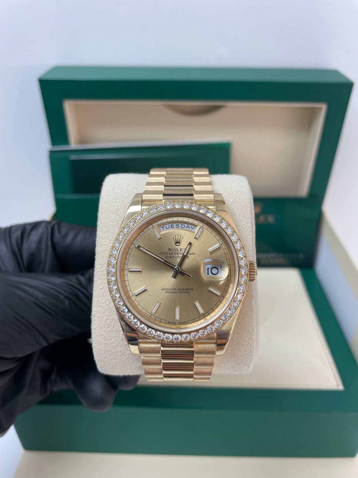 Rolex Yellow Gold Day-Date 40 Watch - Yellow Gold Bezel - Champagne Index Dial - President Bracelet ( Ref# 228348RBR)