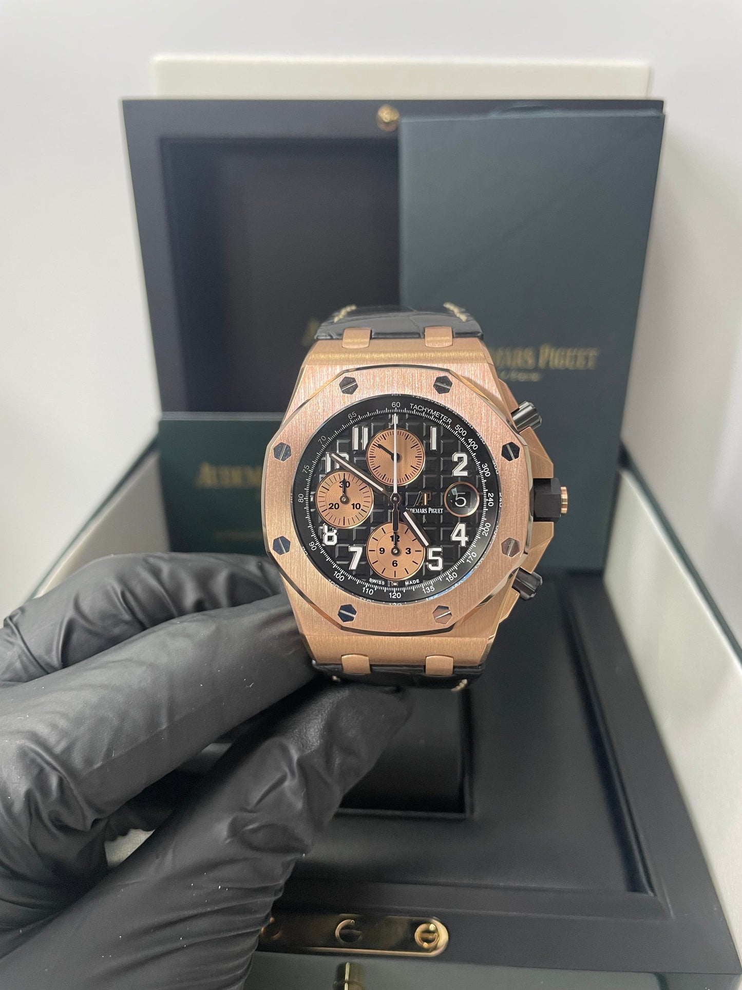 Audemars Piguet Royal Oak Offshore Selfwinding Chronograph / Rose Gold/ Black Dial/ Rose Sub-Dials/ Ceramic Bezel (Ref#26470OR.OO.A002CR.02)