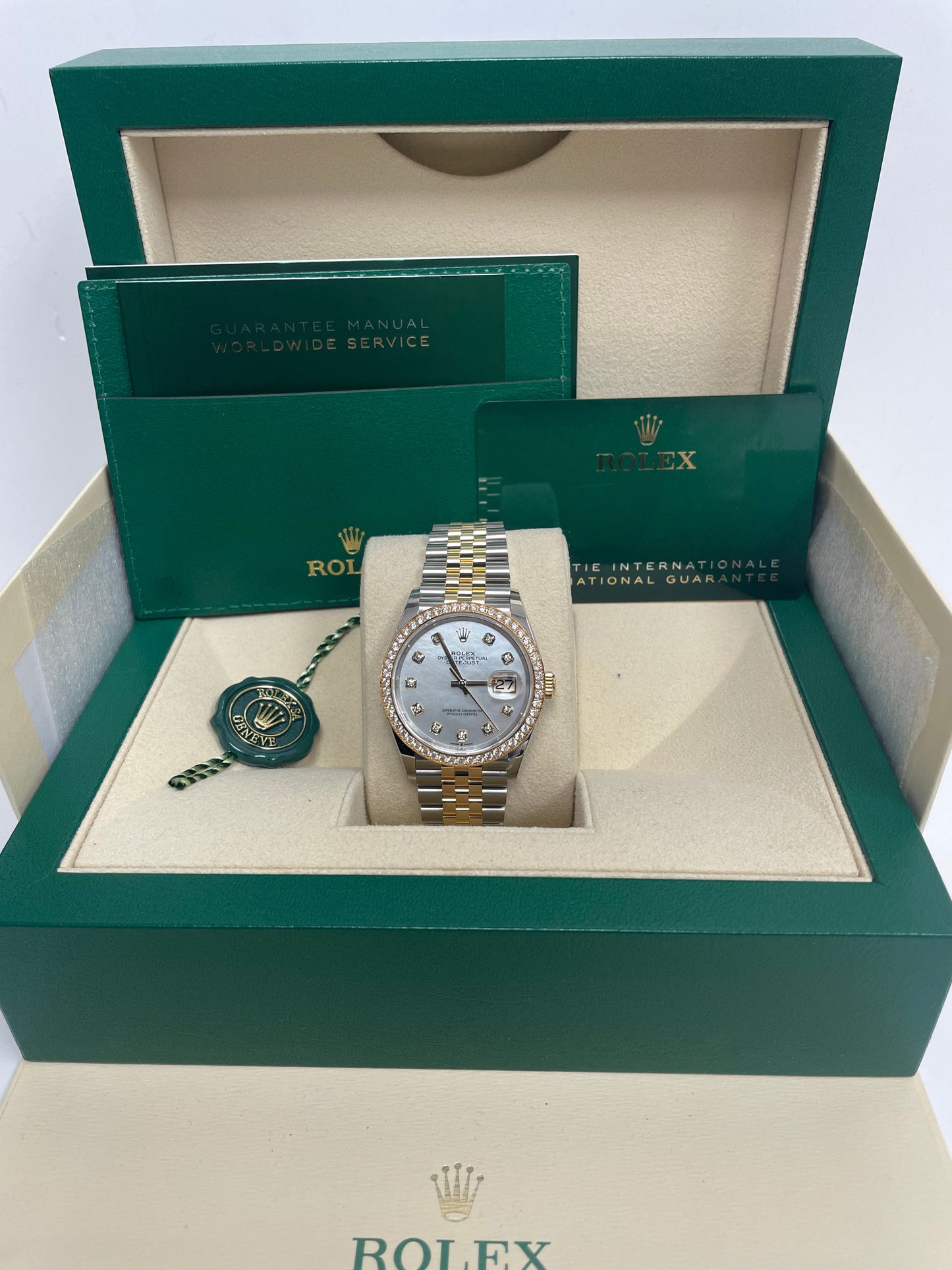 Rolex Rolesor Datejust 36 Watch - Yellow Diamond Bezel - White Mother-Of-Pearl Jubilee Ref 126283RBR