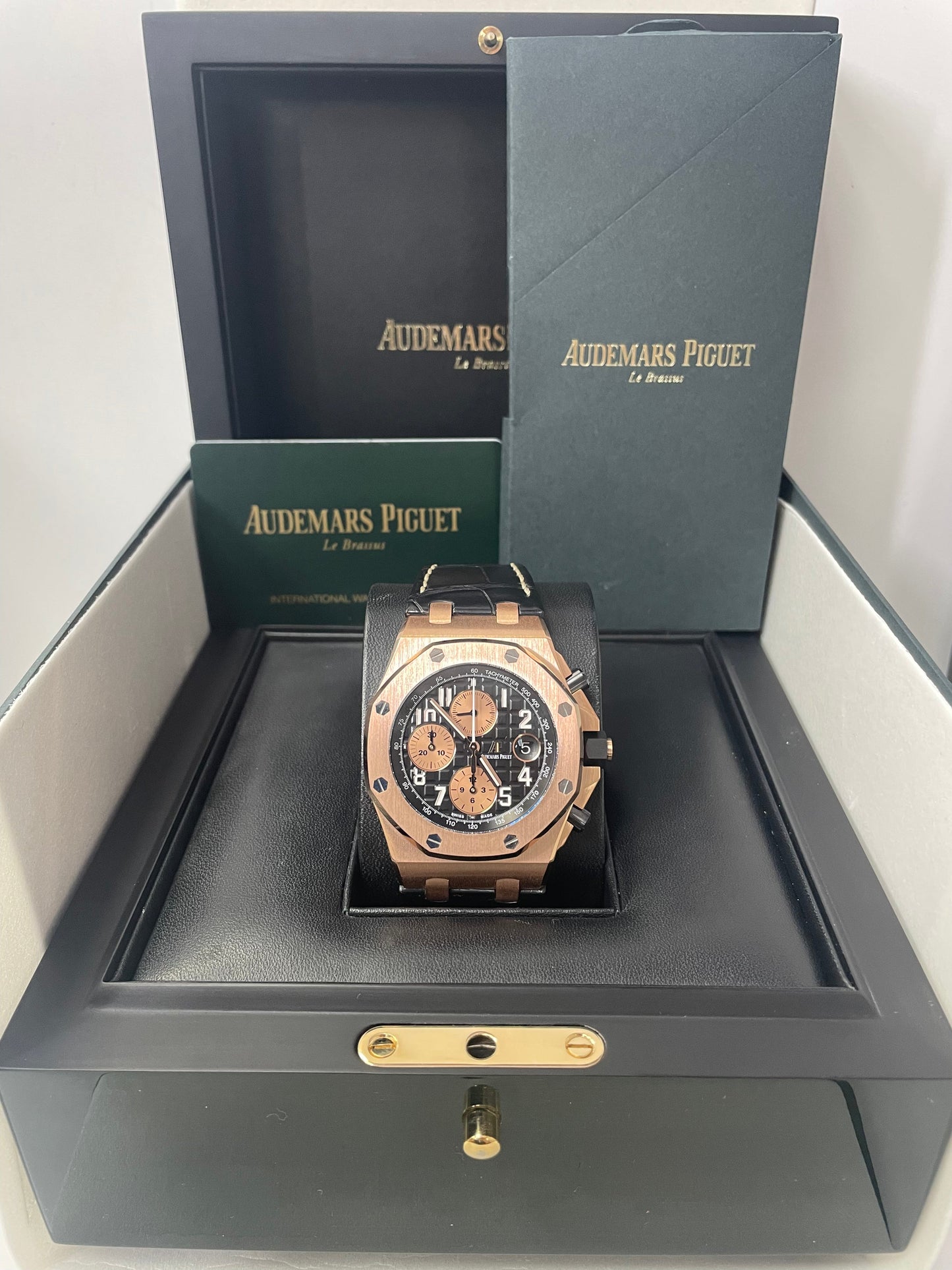 Audemars Piguet Royal Oak Offshore Selfwinding Chronograph / Rose Gold/ Black Dial/ Rose Sub-Dials/ Ceramic Bezel (Ref#26470OR.OO.A002CR.02)