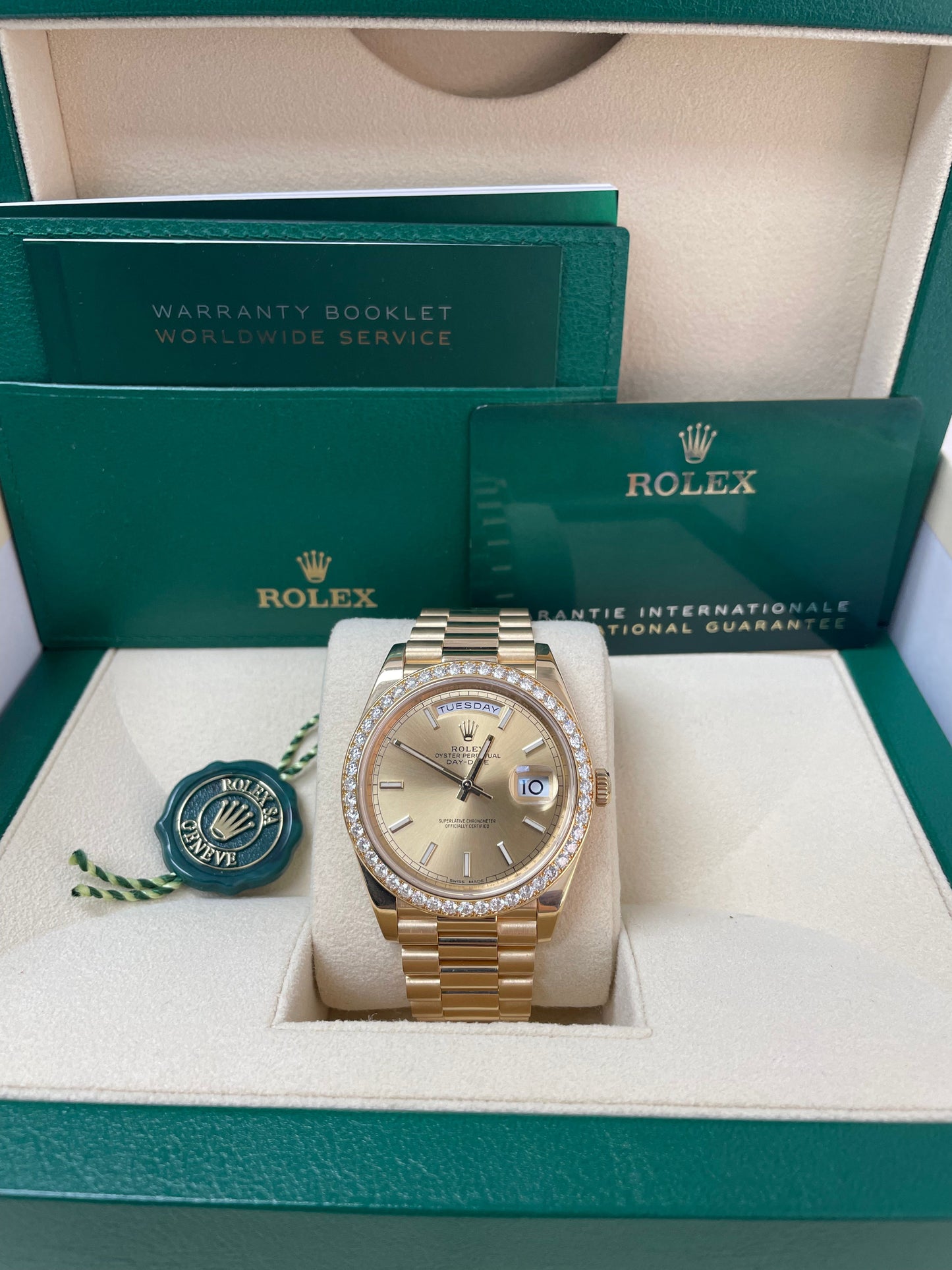 Rolex Yellow Gold Day-Date 40 Watch - Yellow Gold Bezel - Champagne Index Dial - President Bracelet ( Ref# 228348RBR)