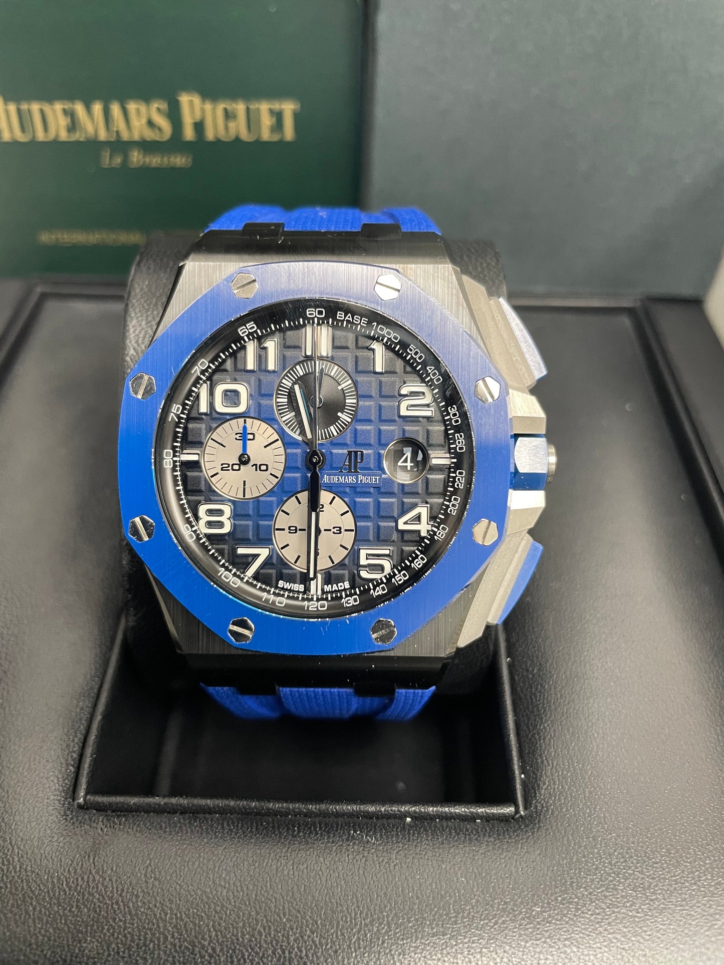 Audemars Piguet Royal Oak Offshore Selfwinding Chronograph/ Stainless Steel/ Blue Strap/ Blue Dial / White Sub-Dials/ Blue Ceramic Bezel (Ref#26405CE.OO.A030CA.01)