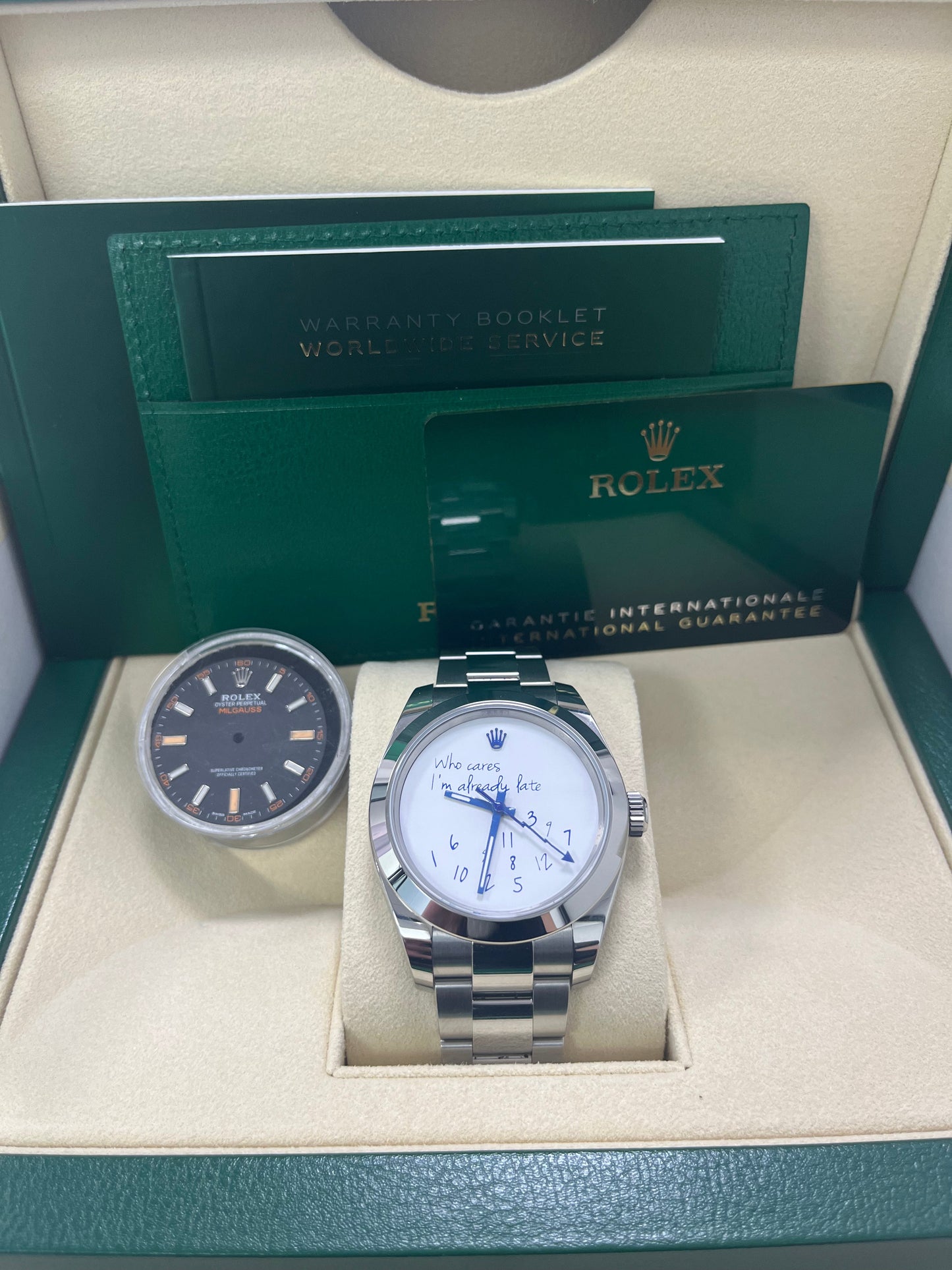 Rolex Steel Milgauss Watch Green Crystal - 116400GV Custom Mad in time Dial