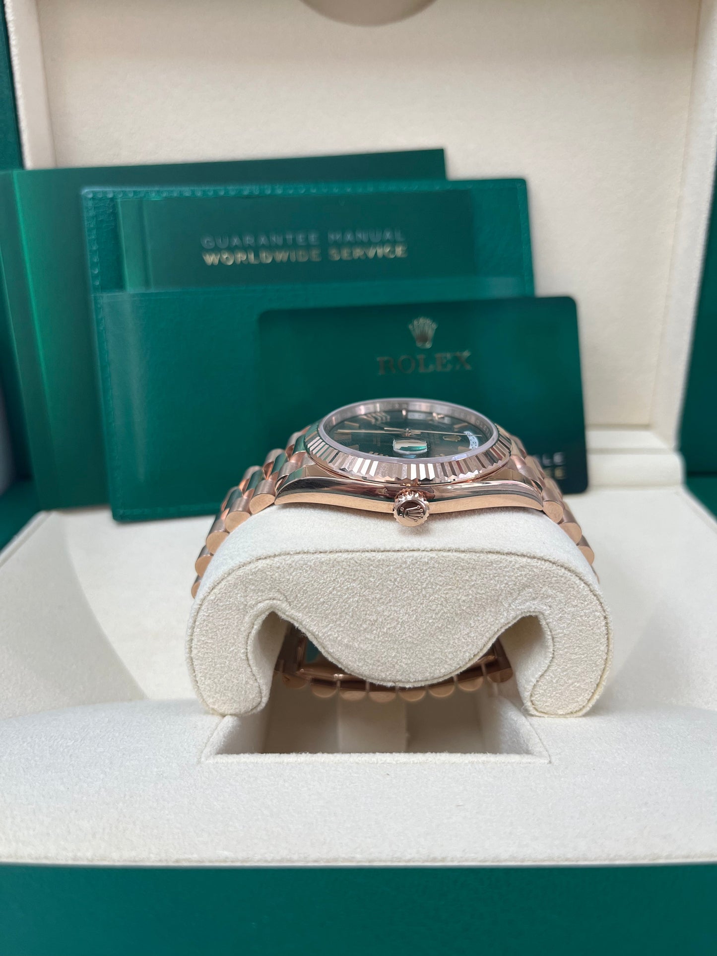 Rolex Day-Date 40 Rose Gold Green Roman Dial - Fluted Bezel (Ref#228235)