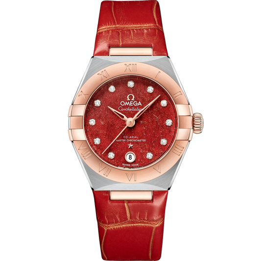 Omega Constellation 29 mm Red Dial with Diamonds Stainless Steel and Sedna™ 18k Rose Gold Strap 131.23.29.20.99.002
