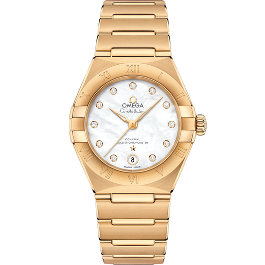Omega Constellation 29 mm White Dial with Diamonds 18k Yellow Gold Bracelet 131.50.29.20.55.002