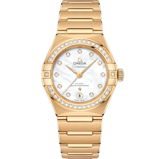 Omega Constellation 29 mm White Dial with Diamonds 18k Yellow Gold Bracelet 131.55.29.20.55.002