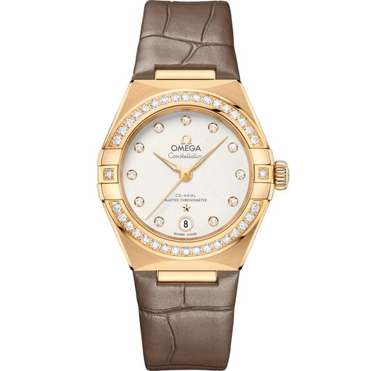 Omega Constellation 29 mm Silver Dial with Diamonds 18k Yellow Gold Strap 131.58.29.20.52.001