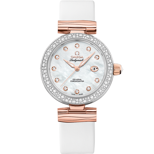Omega De Ville Ladymatic 34 mm White Dial with Diamonds  Stainless Steel Sedna™ 18k Rose Gold Strap 425.27.34.20.55.004