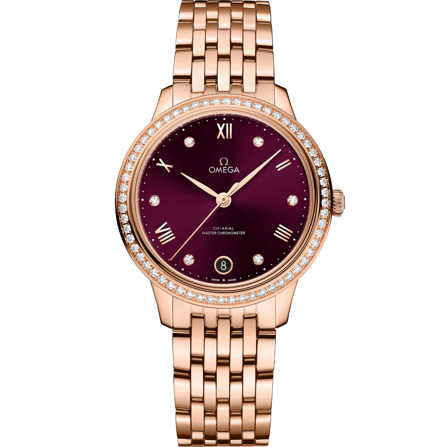Omega De Ville Prestige 34 mm Red Dial with Diamonds Sedna™ 18k Rose Gold Bracelet 434.55.34.20.61.001