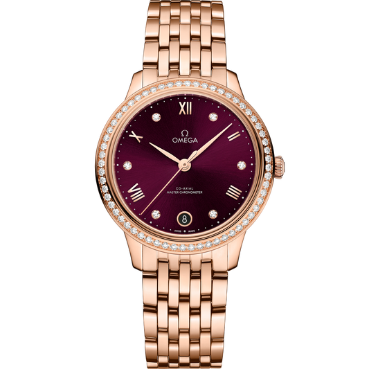 Omega De Ville Prestige 34 mm Red Dial with Diamonds Sedna™ 18k Rose Gold Bracelet 434.55.34.20.61.001