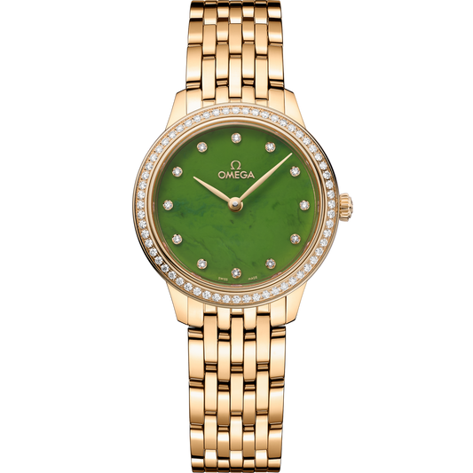 Omega De Ville Prestige 27.5 mm Green jade Dial with Diamonds 18k Yellow Gold Strap 434.55.28.60.99.001