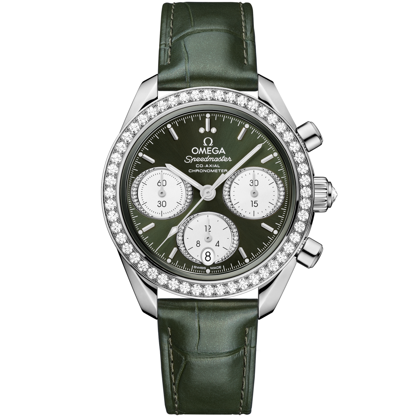 Omega Speedmaster 38  Green Dial 38 mm  with Diamonds  Stainless Steel Strap 324.18.38.50.60.001