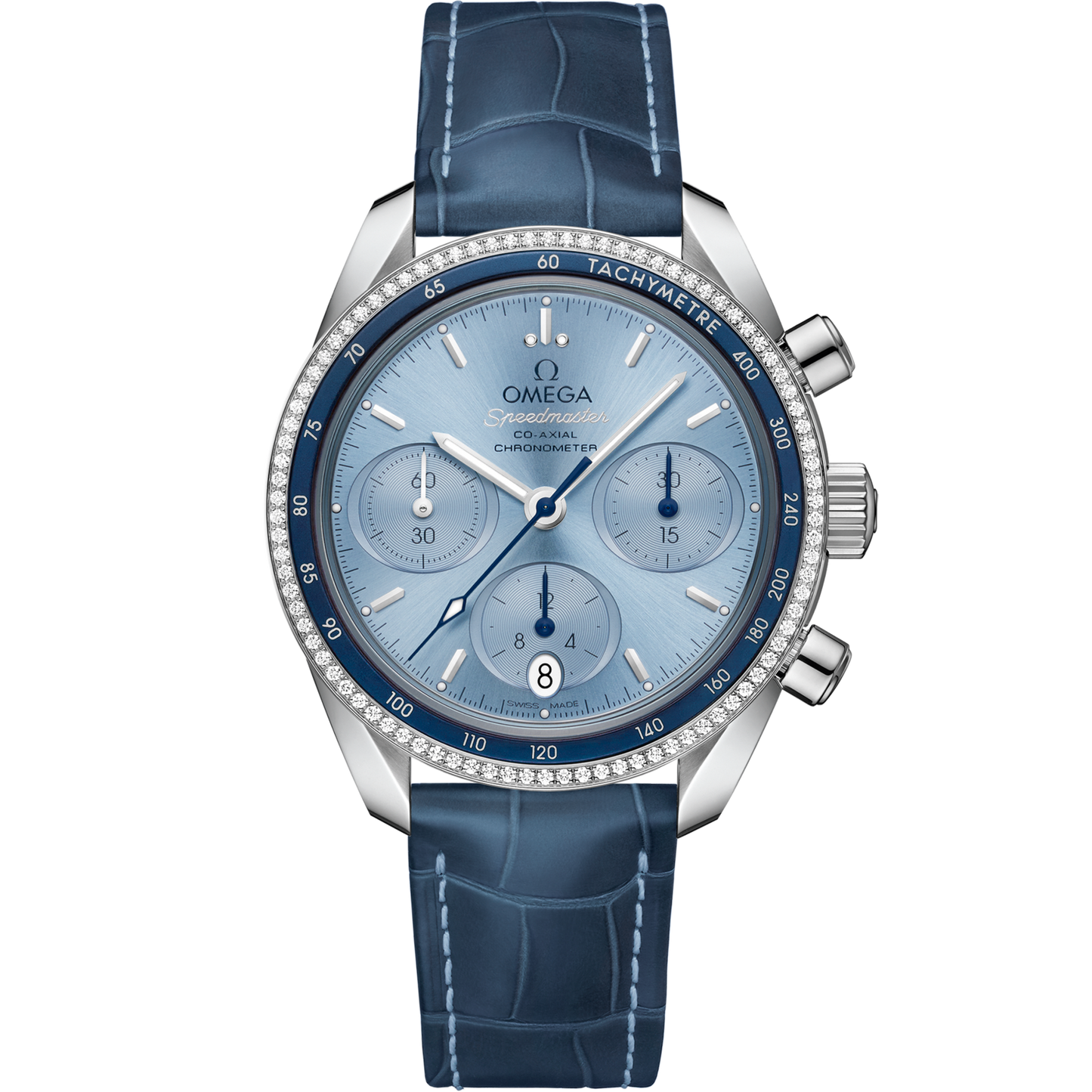 Omega Speedmaster 38  Blue Dial 38 mm  with  Diamonds  Stainless Steel  Strap 324.38.38.50.03.001