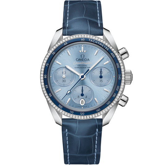 Omega Speedmaster 38  Blue Dial 38 mm  with  Diamonds  Stainless Steel  Strap 324.38.38.50.03.001