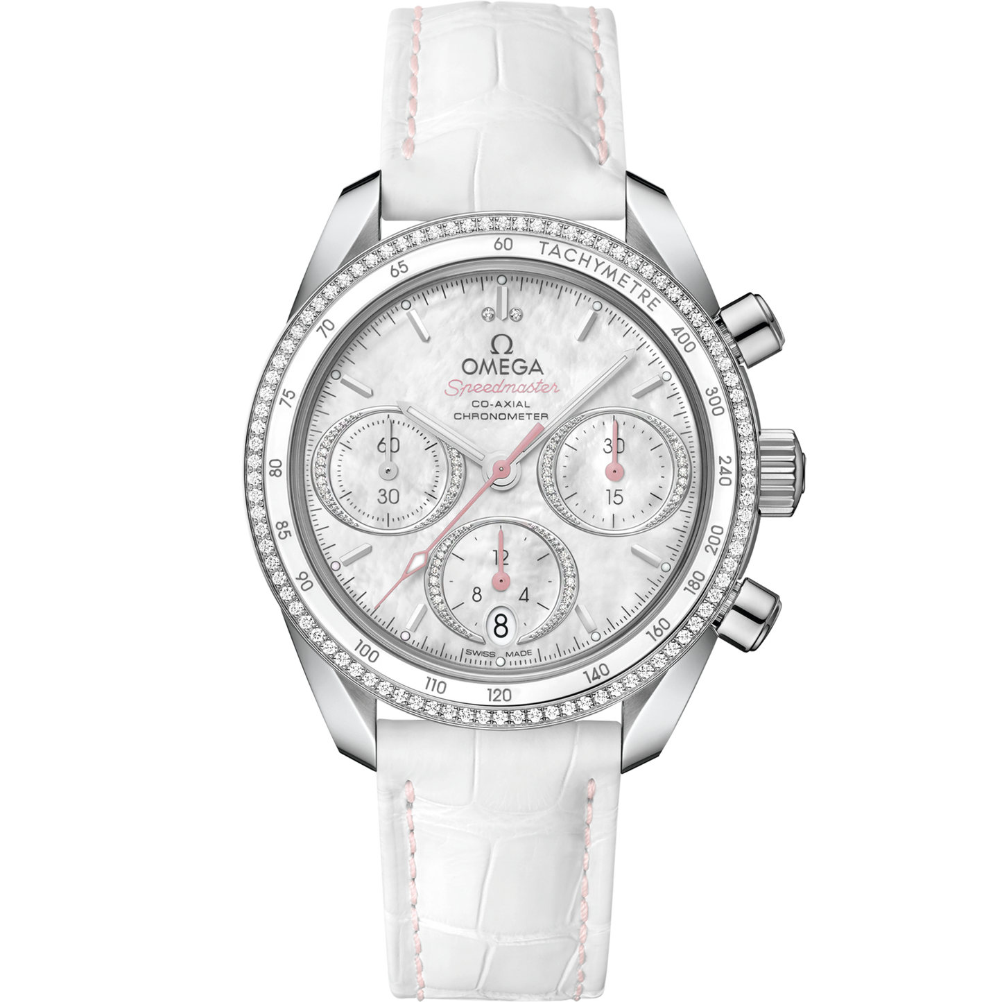 Omega Speedmaster 38  White Dial 38 mm  with Diamonds  Stainless Steel  Strap 324.38.38.50.55.001