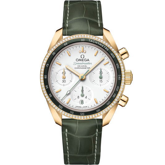Omega Speedmaster 38  Silver Dial 38 mm  with Diamonds  18k Yellow Gold Strap 324.68.38.50.02.004