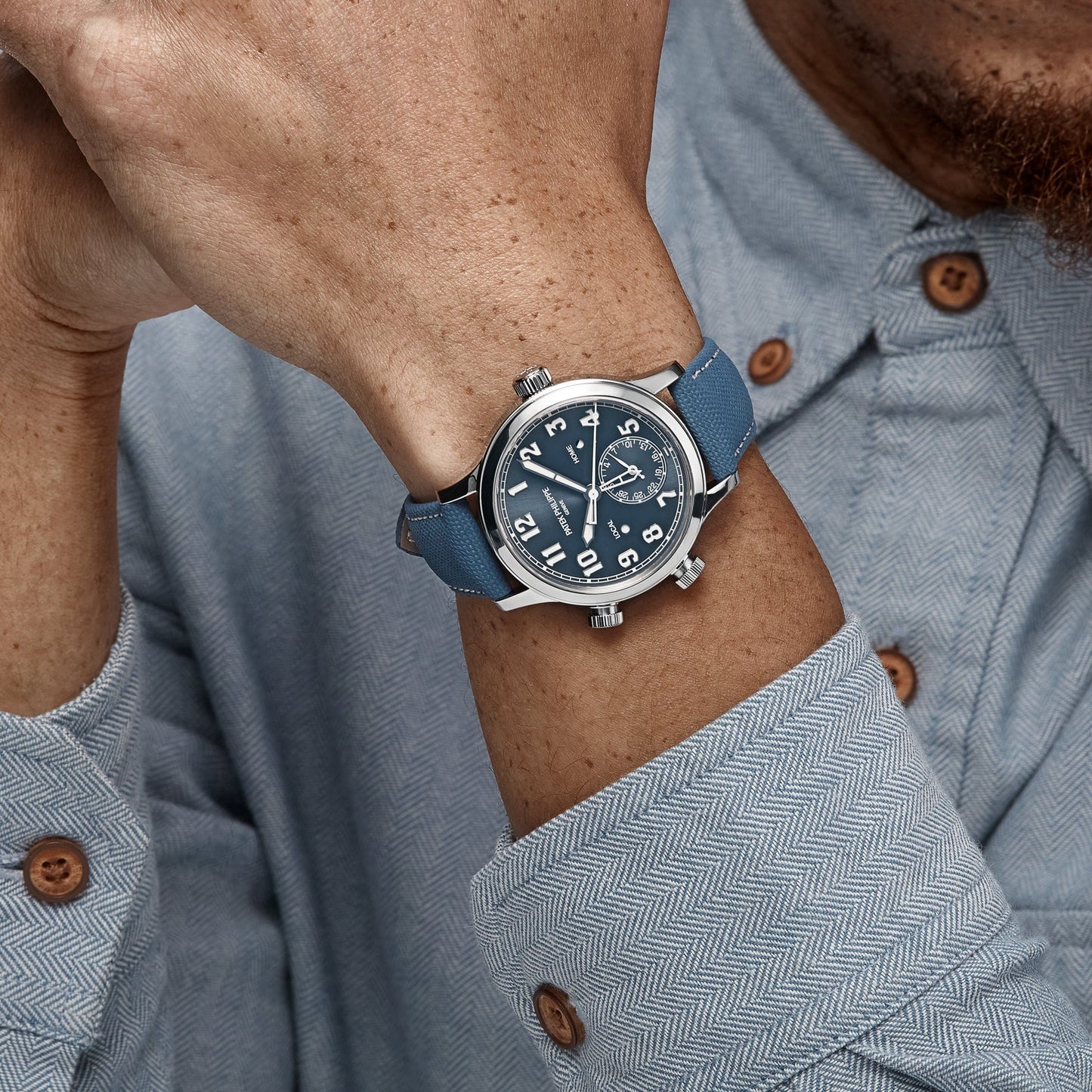 Patek Philippe Calatrava 7234A-001 'Pilot' Travel Time Stainless Steel Blue-Grey Dial Singapore Edition (2019)